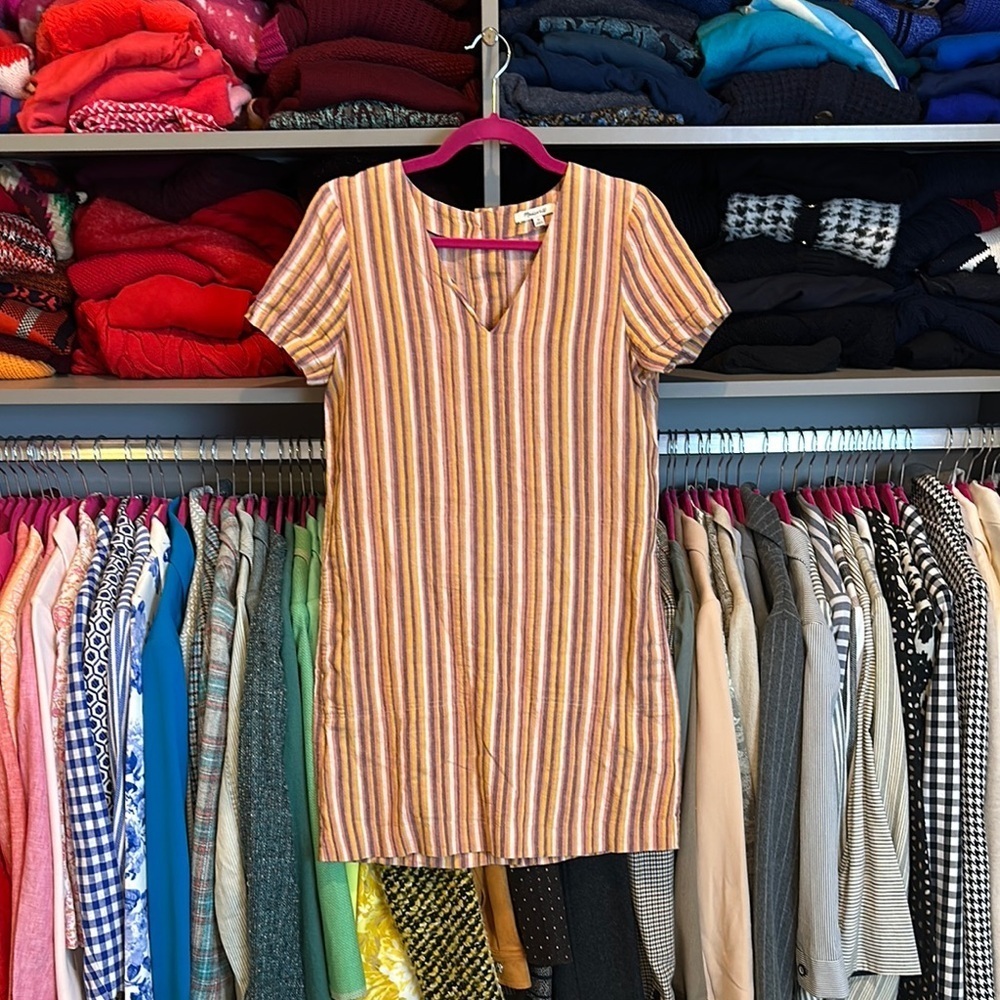 Madewell white/orange/purple/pink striped short sleeve dress size XS
